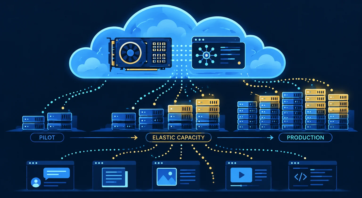 Cloud GPU and model-serving resources expand from a pilot to production with elastic capacity.
