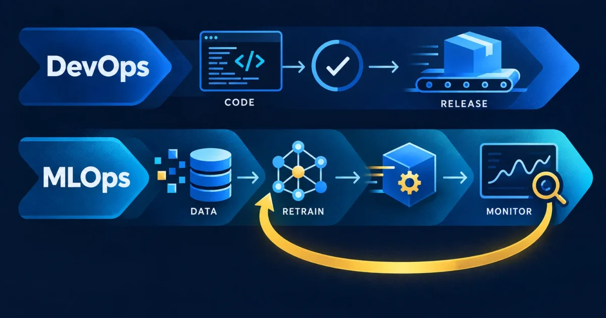 DevOps software release track compared with an MLOps data, model monitoring and retraining loop.