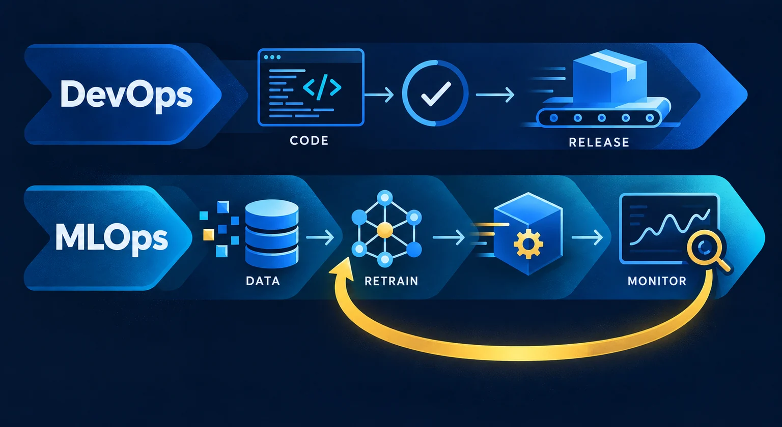 DevOps software release track compared with an MLOps data, model monitoring and retraining loop.