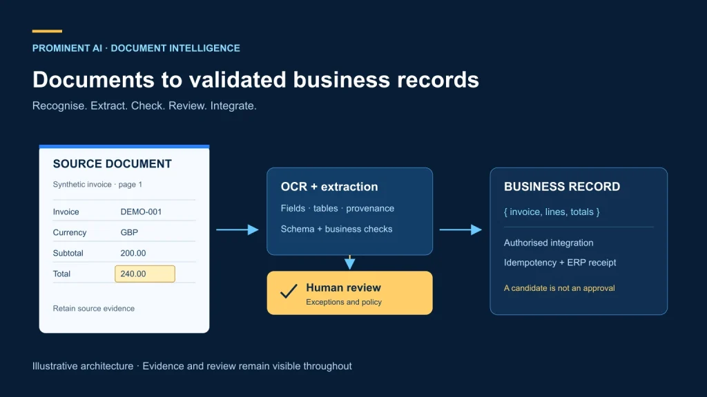 Invoice source flowing through extraction and validation to a reviewed business record.