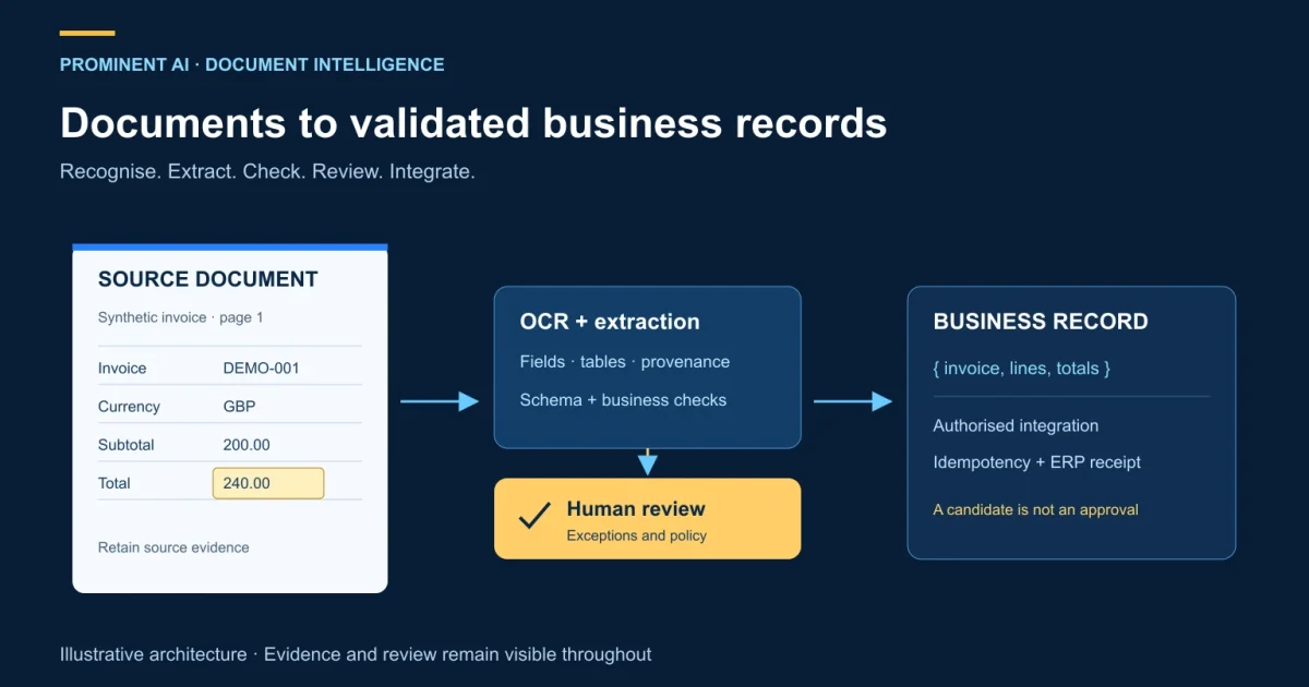 Invoice source flowing through extraction and validation to a reviewed business record.