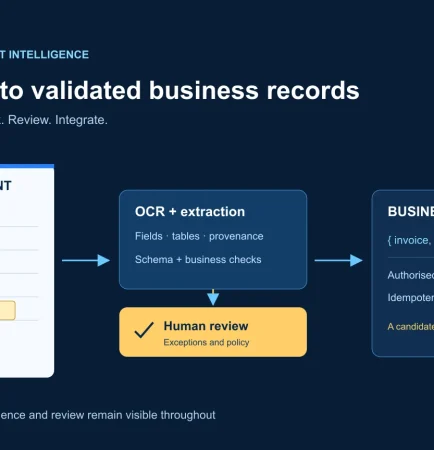 Invoice source flowing through extraction and validation to a reviewed business record.