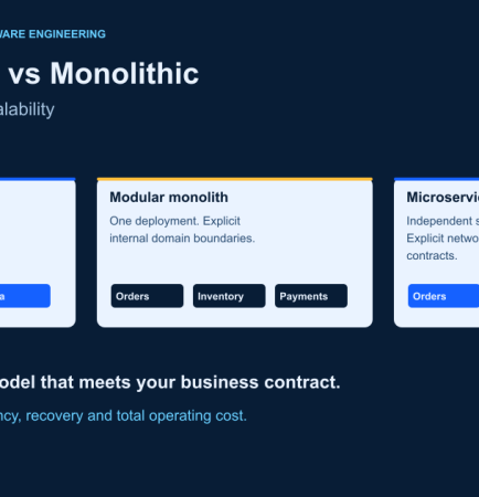 Monolith, modular monolith and microservices compared through deployment boundaries, performance, cost and scalability.