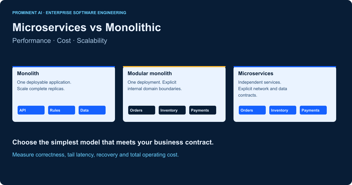 Monolith, modular monolith and microservices compared through deployment boundaries, performance, cost and scalability.