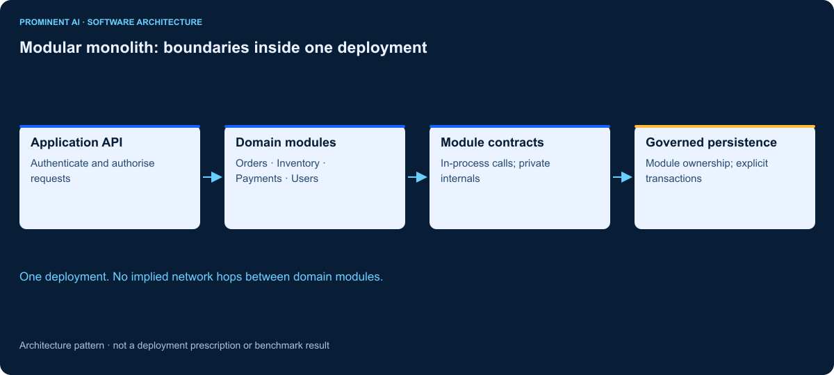 Application API: Authenticate and authorise requests → Domain modules: Orders · Inventory · Payments · Users → Module contracts: In-process calls; private internals → Governed persistence: Module ownership; explicit transactions. One deployment. No implied network hops between domain modules.