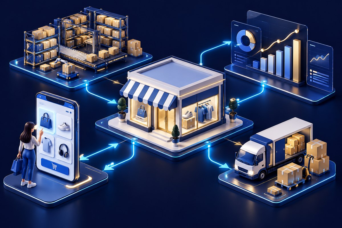 Illustrative retail & e-commerce systems connected through data and software workflows.