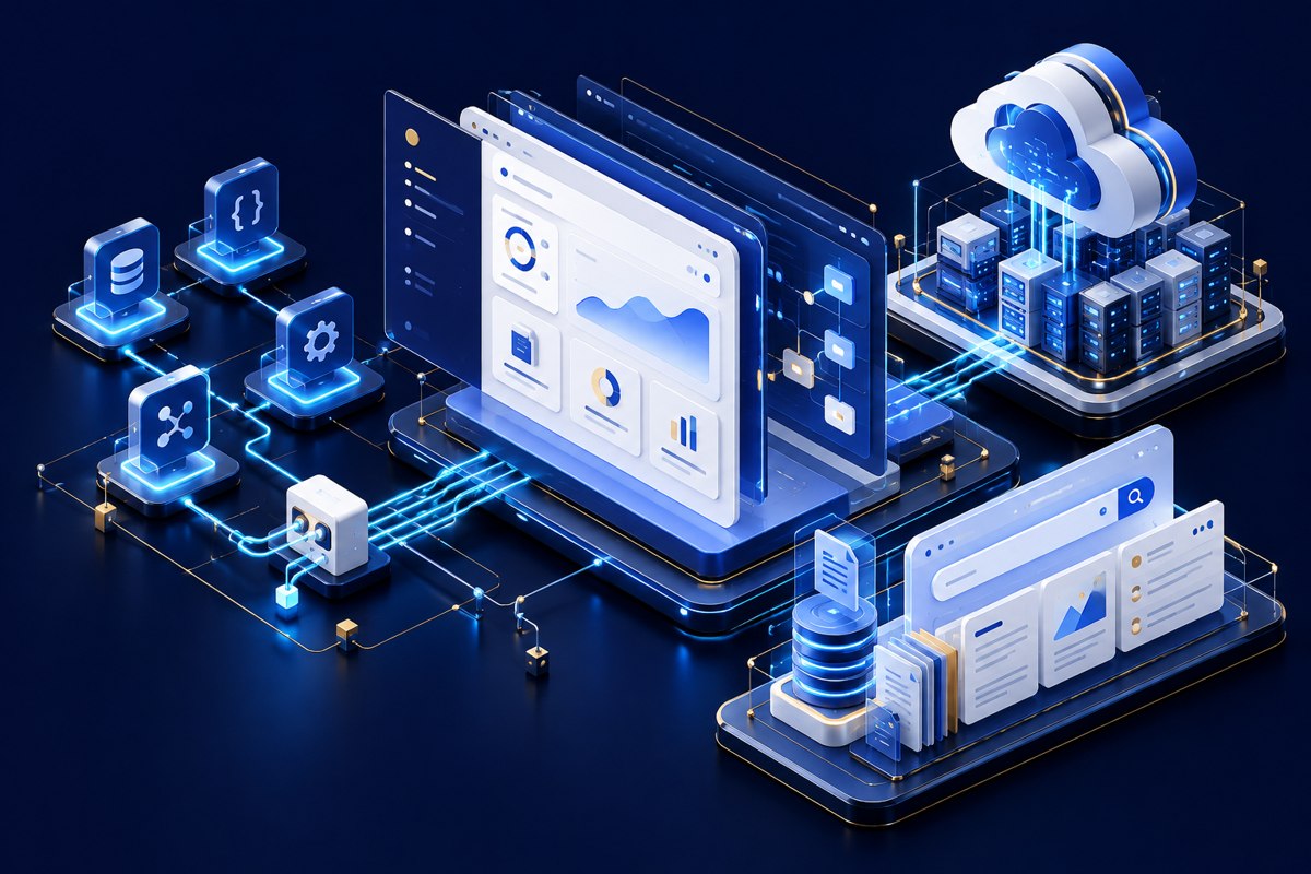 Illustrative technology & saas systems connected through data and software workflows.